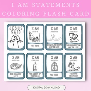 Carte flash à colorier Déclarations de Jésus, leçon d'école du dimanche à imprimer, étude de la Bible pour enfants, activité biblique, travaux manuels imprimables chrétiens
