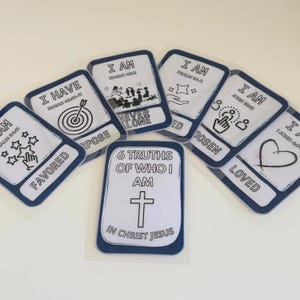 Identität in Christus Färbung Flash-Karte, druckbare Schriftkarten, Affirmationen in Bibelversen, Sonntagsschulstunde, Schriftaktivität für Kinder