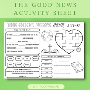 The Good News Activity Sheet, Bible Story Activity Placemat, Bible Coloring Page, Bible Verse Sunday School Activity ,Prayer Activity