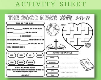 The Good News Activity Sheet, Bible Story Activity Placemat, Bible Coloring Page, Bible Verse Sunday School Activity ,Prayer Activity