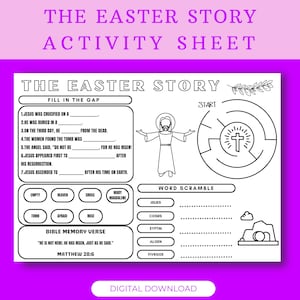 The Easter Story Activity Sheet, Bible Verse Sunday School Activity, Bible Story Activity Placemat, Printable Christian Craft for Kids