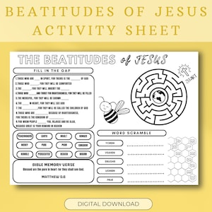 The Beatitudes of Jesus Activity Sheet,Bible Story Activity Placemat, Bible Coloring Page Learning Sheet, Bible Verse Sunday School Activity