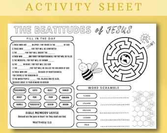 The Beatitudes of Jesus Activity Sheet,Bible Story Activity Placemat, Bible Coloring Page Learning Sheet, Bible Verse Sunday School Activity