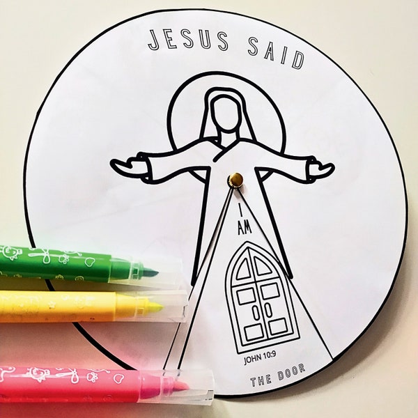 I Am Statements of Jesus Coloring Wheel, Printable Sunday School Lesson, Kids Bible Study, Scripture Activity, Christian Printable Craft