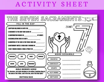 The Seven Sacraments Activity Sheet, Catholic Printable, Seven Sacraments Worksheet, Catholic Learning for Children, Catholic Activity Page