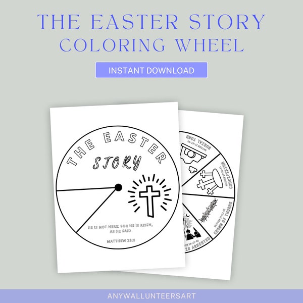 Het paasverhaal Bijbelkleurwiel, afdrukbare Bijbelactiviteit, Bijbelschriftgeheugen voor kinderen, zondagsschoollesambacht, kleurwiel