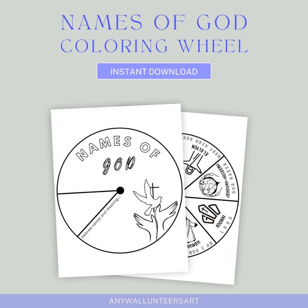 Names of God Coloring Wheel, Sunday School Lesson Craft, Bible Scripture Memory for Kids, Printable Bible Activity, Hebrew Names,Bible Story