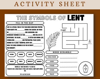The Symbols of Lent Activity Sheet, Bible Verse Sunday School Activity, Bible Story Activity Placemat, Printable Christian Craft for Kids