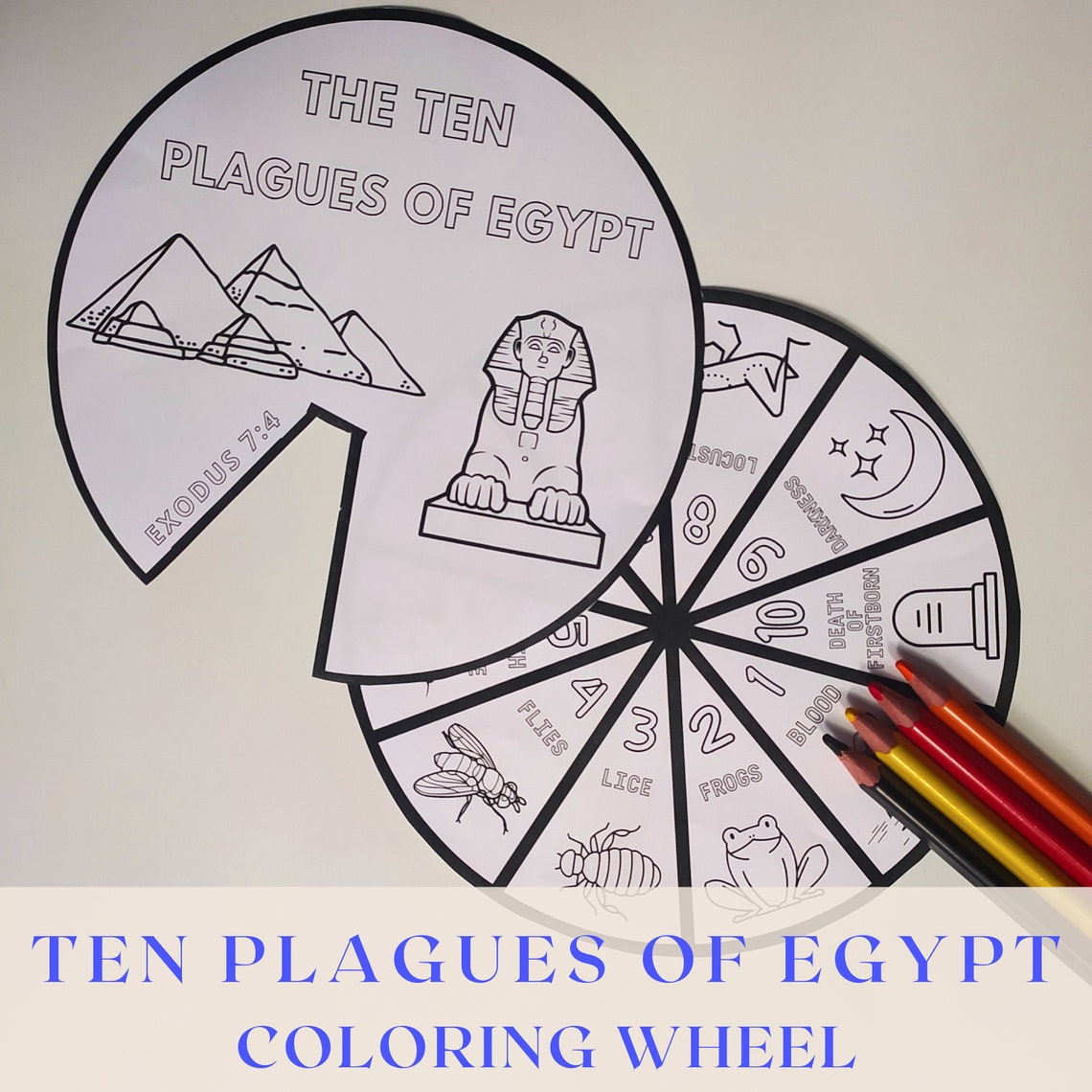 The Ten Plagues of Egypt Coloring Wheel, Printable Bible Activity, Kids