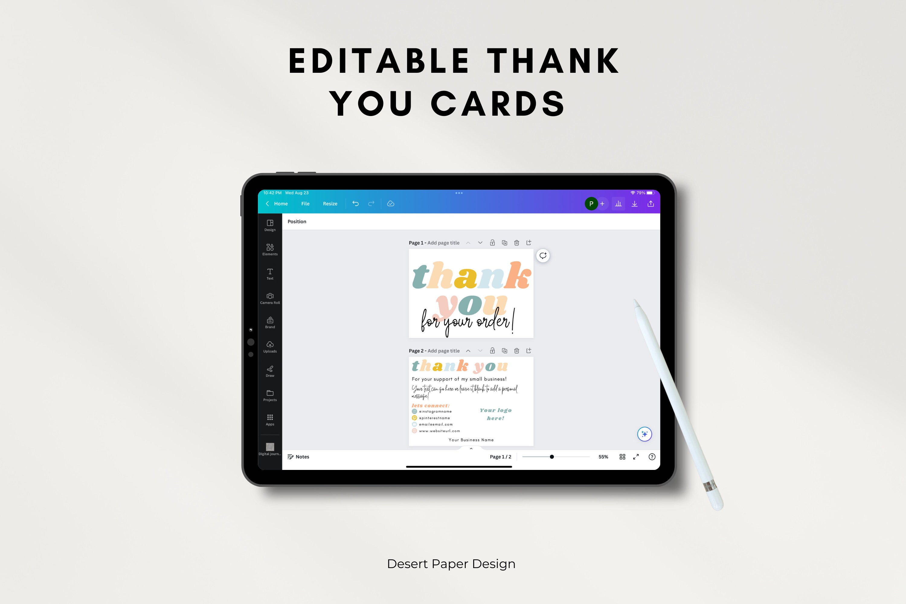 Editable Logo Thank You Card, DIY, Canva Template, Digital Instant ...