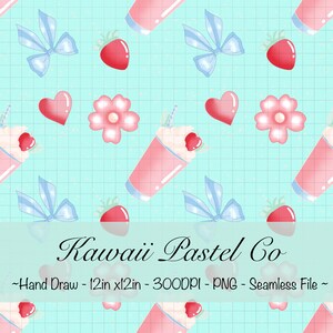 Puede incluir: Patrón sin costuras con batidos de leche rosa pastel, fresas rojas, lazos azul claro, corazones rosas y flores rosas sobre un fondo de cuadrícula azul claro. El texto "Kawaii Pastel Co" está en la parte inferior, con detalles del archivo.