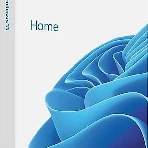 Pode incluir: Uma caixa de software retangular branca para Windows 11 Home. A frente apresenta o logótipo azul do Windows, o texto Windows 11 e a palavra Home. Um gráfico abstrato de uma onda azul fluida ocupa o canto inferior direito da embalagem.