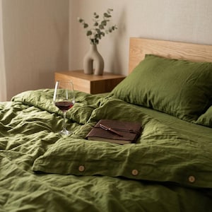 Conjunto de cama de algodão verde musgo, capa de edredom de algodão lavado natural, macia e respirável, decoração minimalista para quarto.
