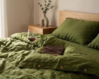 Moss Green  Cotton Bedding Set Natural Washed Cotton Duvet Cover Soft Breathable Bed Set, atural Fabric Duvet Cover Minimalist Bedroom Decor