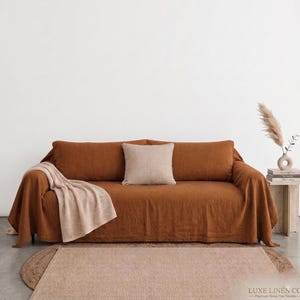 Terracotta Linen Sofa Cover Washed Linen Couch Cover Rustic Slipcover Farmhouse Furniture Protector Soft Linen Throw Cover Boho Home Decor image 7