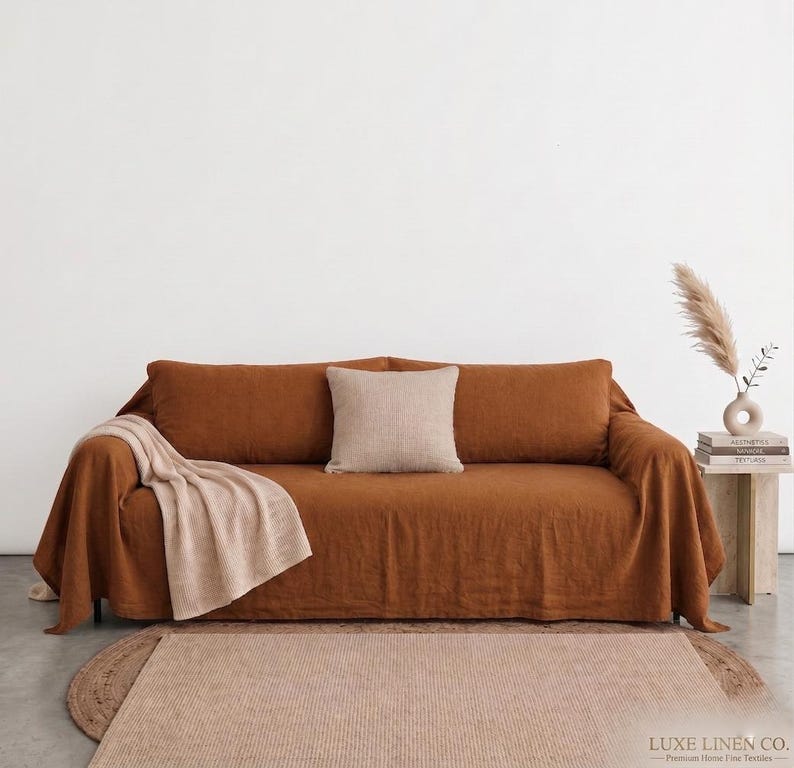 Terracotta Linen Sofa Cover Washed Linen Couch Cover Rustic Slipcover Farmhouse Furniture Protector Soft Linen Throw Cover Boho Home Decor image 7