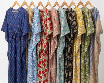 Handgefertigtes Baumwoll-Kaftankleid für Frauen Boho Floral Block Print Lounge Wear Leichter Strand vertuschen Weiches Sommer-Maxi-Kaftan-Geschenk für Sie