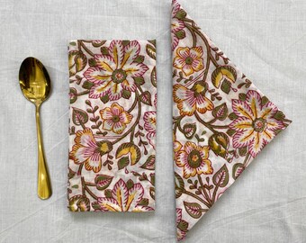 Hand Block Print Cotton Napkins, Floral Dining Table Linens