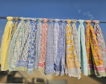Green Floral Bandana: Hand Block Print Organic Cotton Scarf