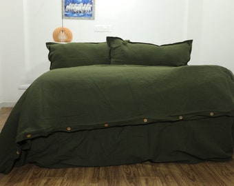 Dark Moss Green Wrinkle Duvet Cover Set Soft Washed Cotton Bedding Breathable Textured Duvet Cover Minimal Modern Cover Stonewashed Bedding