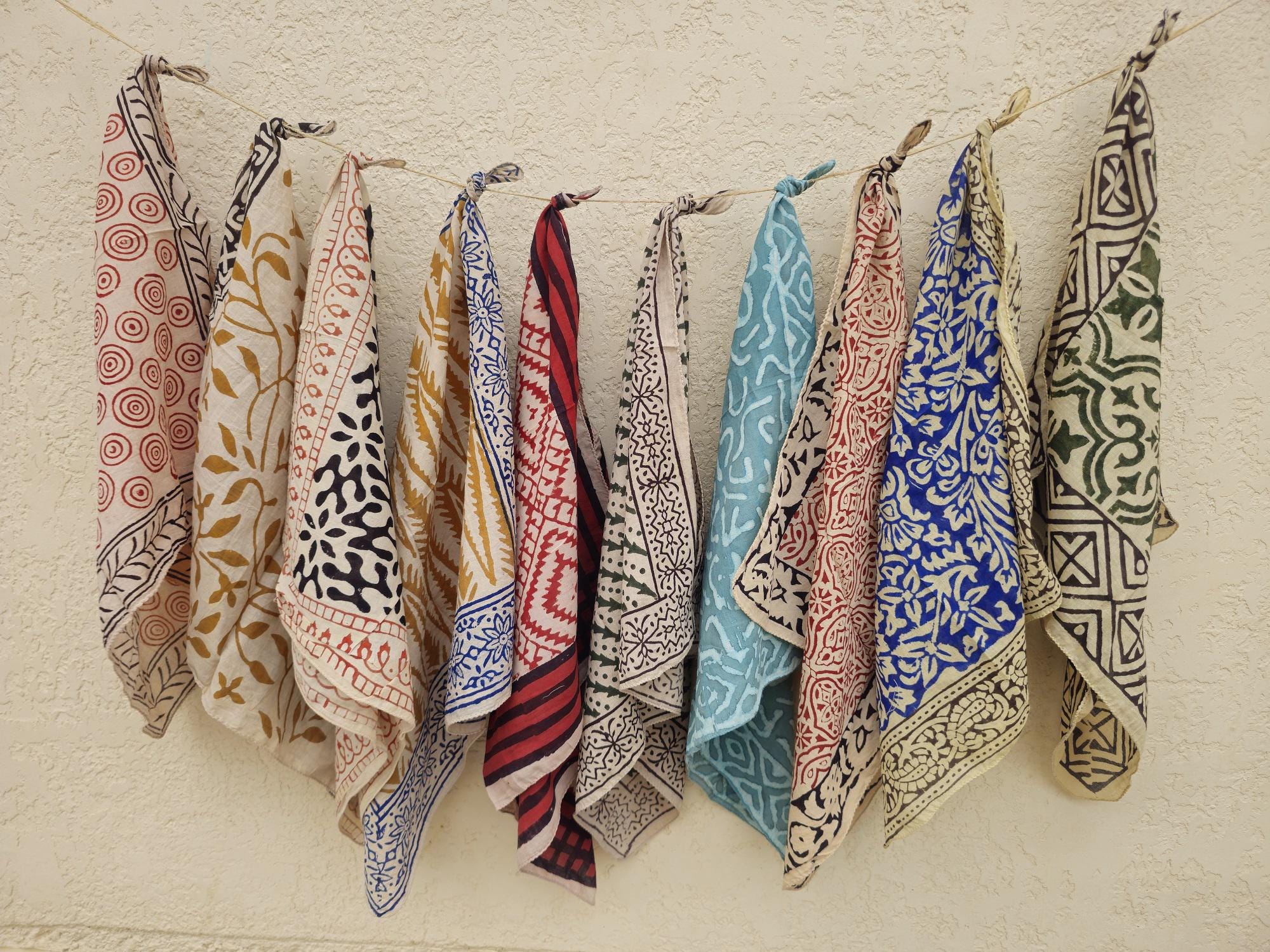 Set of 10 Indian Cotton Bandanas: Hand Block Print Neckerchiefs