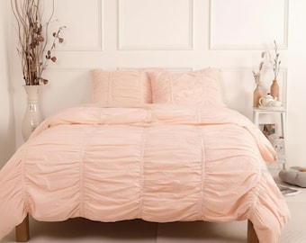 Cottagecore Peach Cotton Comforter Set, Soft Ruched Bedding Set with Pillow Covers, Modern Minimal Bedroom Decor, Cozy All Season Quilt