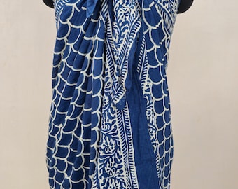 Pareo, bawełniany sarong w kolorze indygo blue block print – szalik plażowy