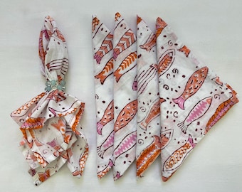 Servilletas de algodón con estampado de peces naranjas, decoración de mesa hecha a mano