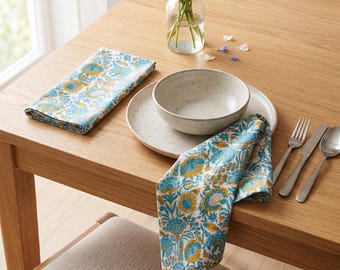 Juego de servilletas de algodón con estampado floral azul, servilletas de mesa estampadas a mano, servilletas de tela reutilizables, mantelería india hecha a mano, decoración de mesa estilo casa de campo.