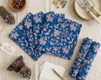 Juego de servilletas de algodón estampadas a mano, servilletas de tela con estampado botánico azul, algodón ecológico para mesa, decoración de mesa para bodas de estilo rústico.