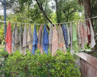 Set 20 Organic Cotton Bandana Scarf Set: Vintage Boho Block Print Head Wrap