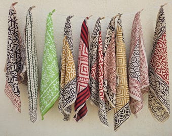 Set mit 10 Bio-Baumwoll-Bandanas: Boho-Block-Print-Kopftuch