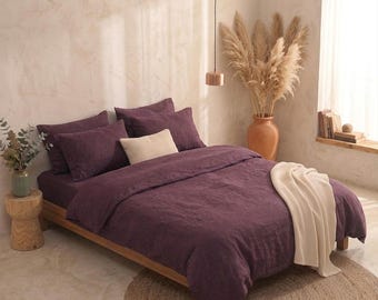 Plum Cotton Duvet Cover Set, Washed Cotton Bedding Set, Eggplant Purple Bed Cotton, Luxury Flax Bedding, Queen King Twin