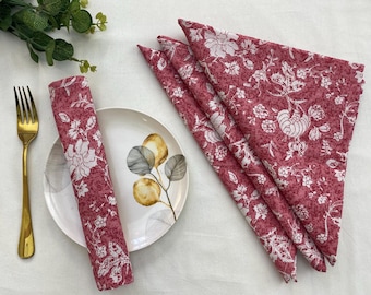Pink Floral Cotton Napkins: Hand Block Printed, Reusable Table Linens