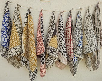 Set of 10 Organic Cotton Bandanas: Boho Block Print Head Wrap