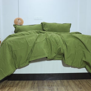 Moss Green Cotton Duvet Cover Set: Queen Size Bedding with Pillowcases