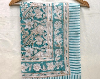 Bird Print Cotton Sarong, Hand Block Printed Beach Wrap, Teal Blue