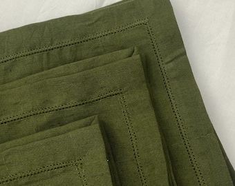 Hemstitch Linen Napkins (Set of 6), Moss Green Handmade Table Napkins