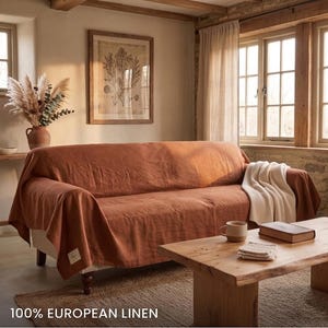 Terracotta Linen Sofa Cover Washed Linen Couch Cover Rustic Slipcover Farmhouse Furniture Protector Soft Linen Throw Cover Boho Home Decor