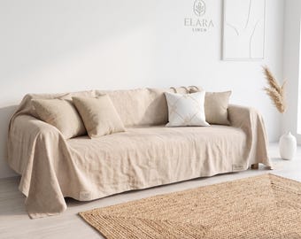 Natural Linen Sofa Cover, Beige Couch Slipcover, Washed Linen Furniture Protector, Farmhouse Living Room Decor, Custom Sofa Throw