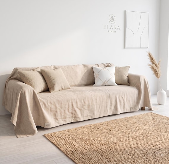 Natural Linen Sofa Cover, Beige Couch Slipcover, Washed Linen Furniture Protector, Farmhouse Living Room Decor, Custom Sofa Throw