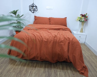 Rust Orange Linen Duvet Cover Set, Stonewashed Bedding