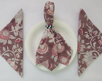Hand Block Print Floral Cotton Napkins Brown & Rust Table Napkins Handmade Cotton Dinner Napkins