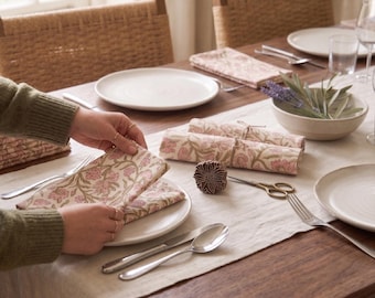 Hand Block Print Cotton Napkin Set, Pink Floral Cloth Napkins, Indian Block Printed Table Linens, Farmhouse Wedding Dinner Napkins