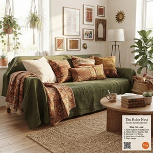 Peut inclure: Une housse de canapé verte recouvrant un canapé, avec un coussin crème et plusieurs coussins à motifs dans des tons rouille et marron. Un plaid à motifs est posé sur l'accoudoir et une table basse en bois se trouve devant avec des livres.