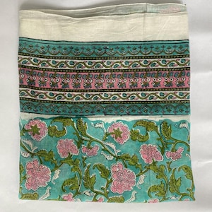 Könnte beinhalten: Ein gefaltetes Textil mit einem cremefarbenen oberen Abschnitt, gefolgt von Bändern mit teal-, rosa- und grün gemusterten Designs. Der untere Abschnitt hat einen tealfarbenen Hintergrund mit rosa Blumen- und grünen Blattmustern.