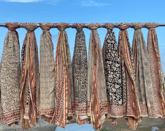 Hand Block Print Cotton Sarong: Golden Silk Border Beach Scarf