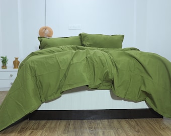 Moss Green Linen Duvet Cover Set with Pillow Shams