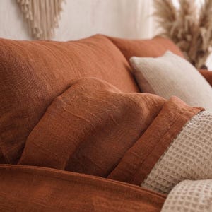May include: A rust-colored sofa with a textured fabric finish, featuring a matching throw blanket draped over the armrest and a cream-colored waffle-knit pillow positioned against the back cushions, showcasing a soft and woven material appearance.