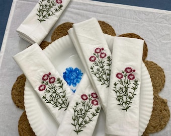 Embroidered Linen Napkins: Botanical Meadow Design, Reusable Table Decor